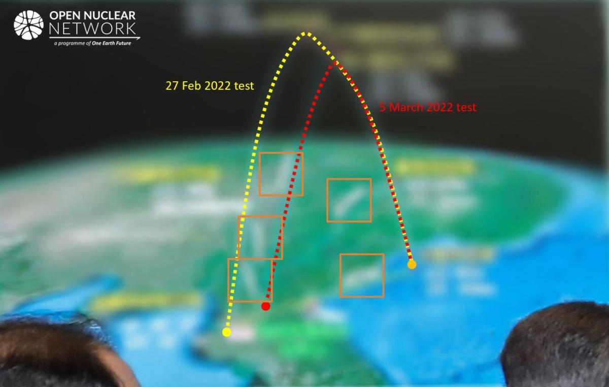 Figure 2. Presumed flight paths displayed to Kim Jong Un. Several blurred rectangular shapes (in orange boxes) might indicate the free flight path of a spent rocket stage after engine burn-out. Image: KCNA