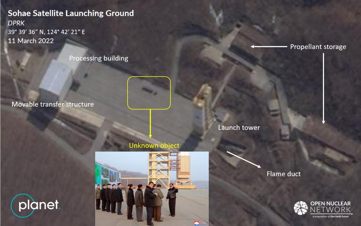 Figure 5. Satellite image taken one day after Kim Jong Un’s visit (inset photo) shows an object (in yellow box) on the launch pad area at Sohae. Images: © 2022 Planet Labs Inc. All Rights Reserved, KCNA