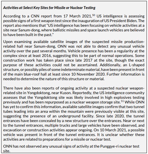 Activities at Select Key Sites for Missile or Nuclear Testing