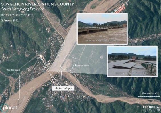 Examples of damage to waterways along the Songchon River and damaged bridges in Sinhung County