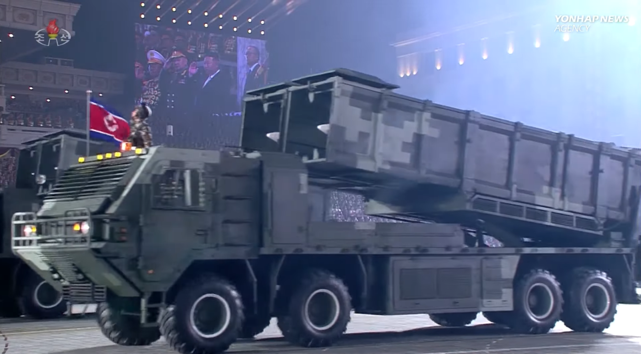 Figure 1. The Hwasong-11B (KN-24) was carried by truck chassis for the first time during the 27 July parade. The same truck model is also used to carry the land-attack cruise missiles. Image: KCNA/Yonhap