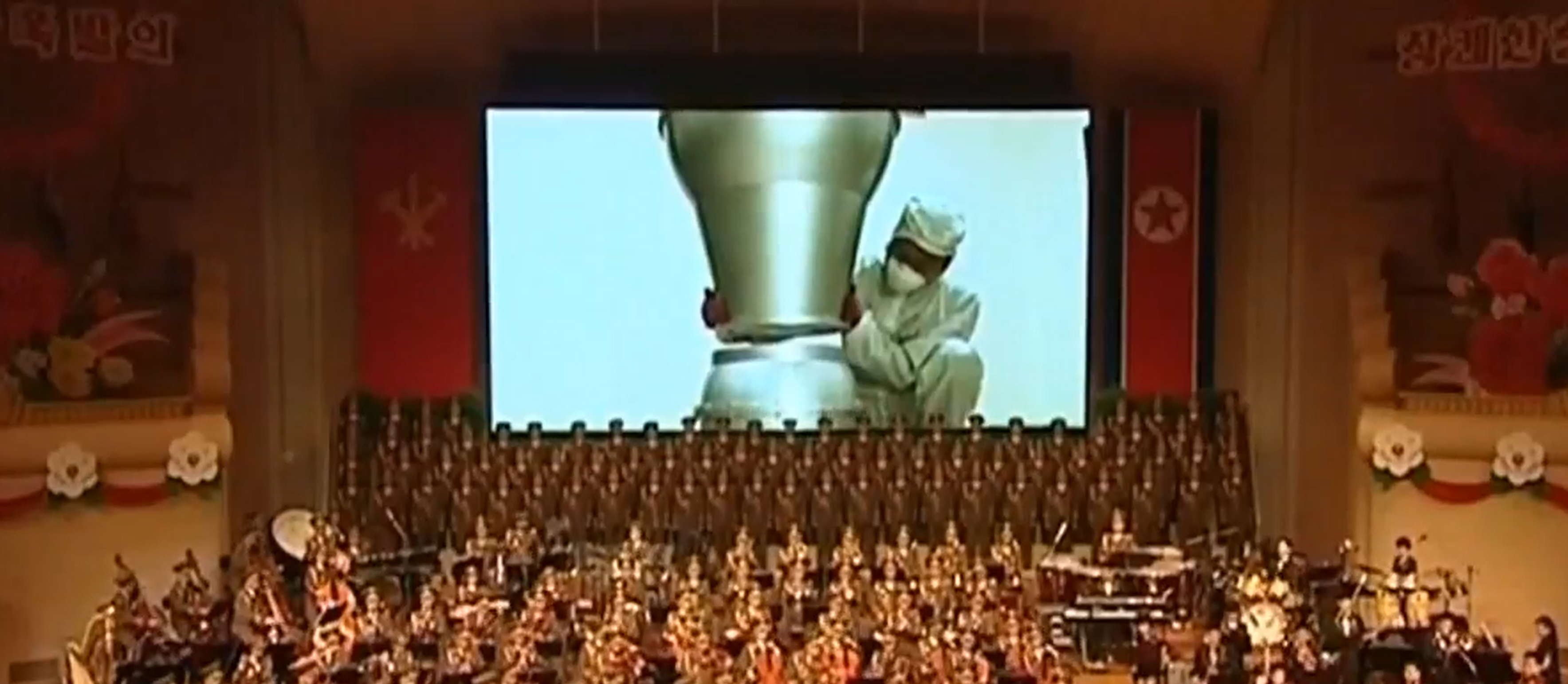 Figure 13. Concert celebrating sixth nuclear test displaying short clip of assembly of purported two-stage thermonuclear device. Image: KCTV/Arirang News