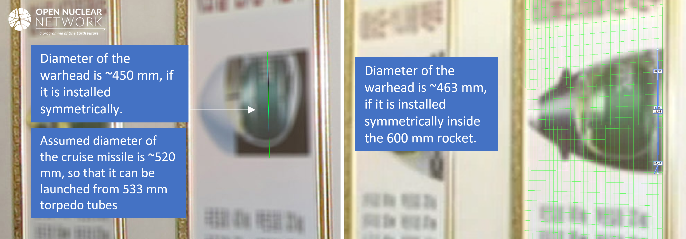 Figure 17. Rough measurements made on diagram of 600 mm MRL rocket and cruise missile likely to have diameter of around 520 mm. Images: KCNA