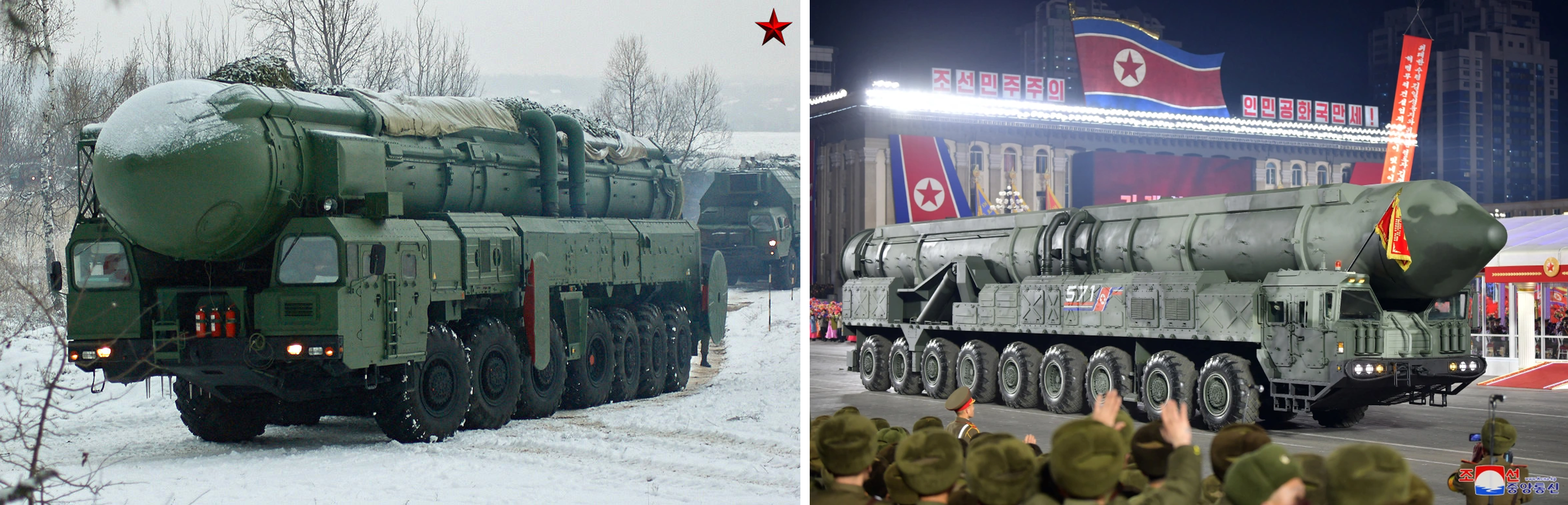 Figure 1. Left: the Soviet RS-12M missile is carried by a 7-axles truck. Right: the solid-propellant ICBM showcased by the DPRK has a 11-axles truck. 