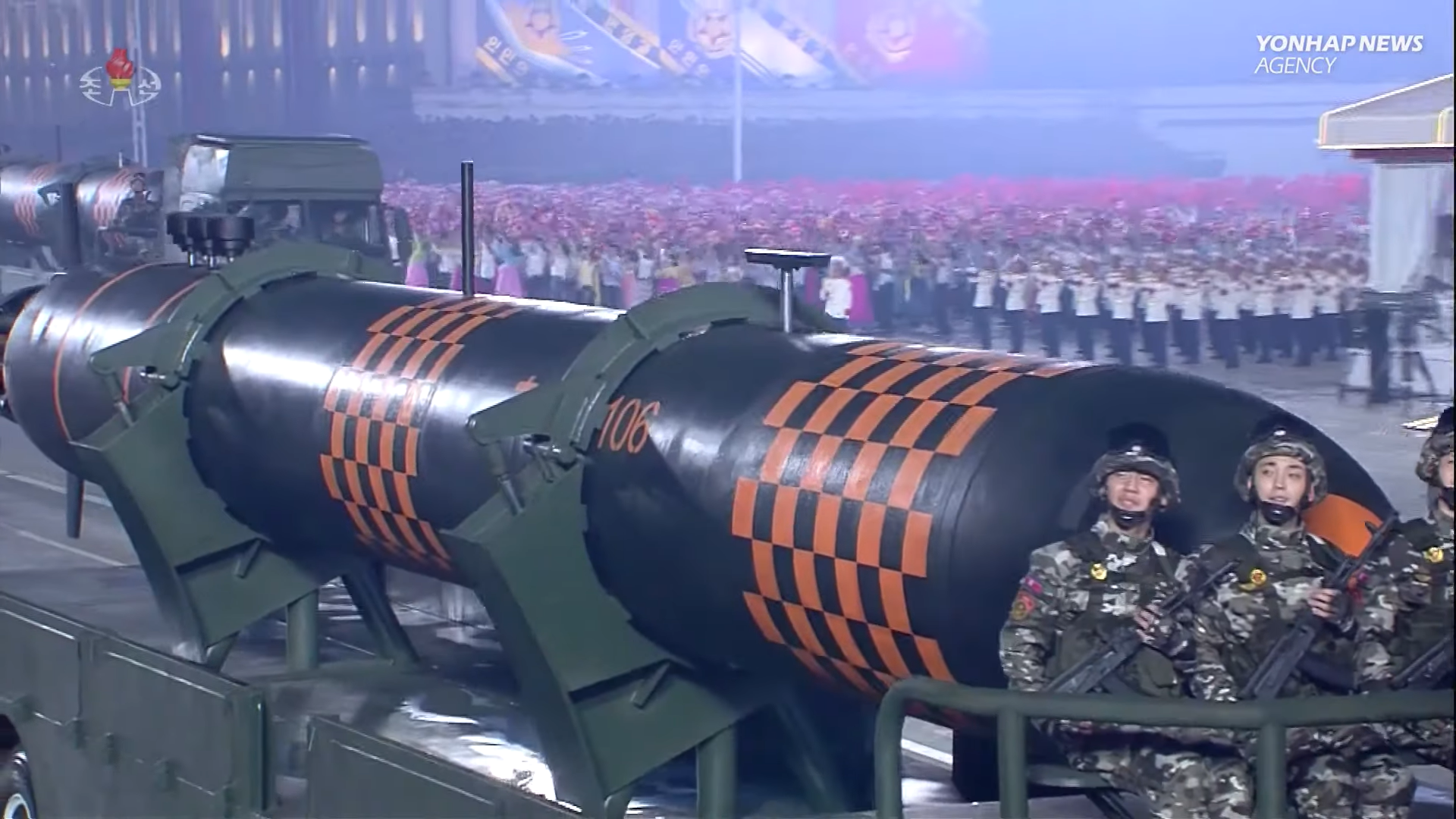 Figure 2. Underwater nuclear attack drones at the 27 July parade. As the DPRK navy is not known to have super-large torpedo tubes, it is possible that this drone is either directly launched from shore or released by surface vessels. Image: KCTV/Yonhap