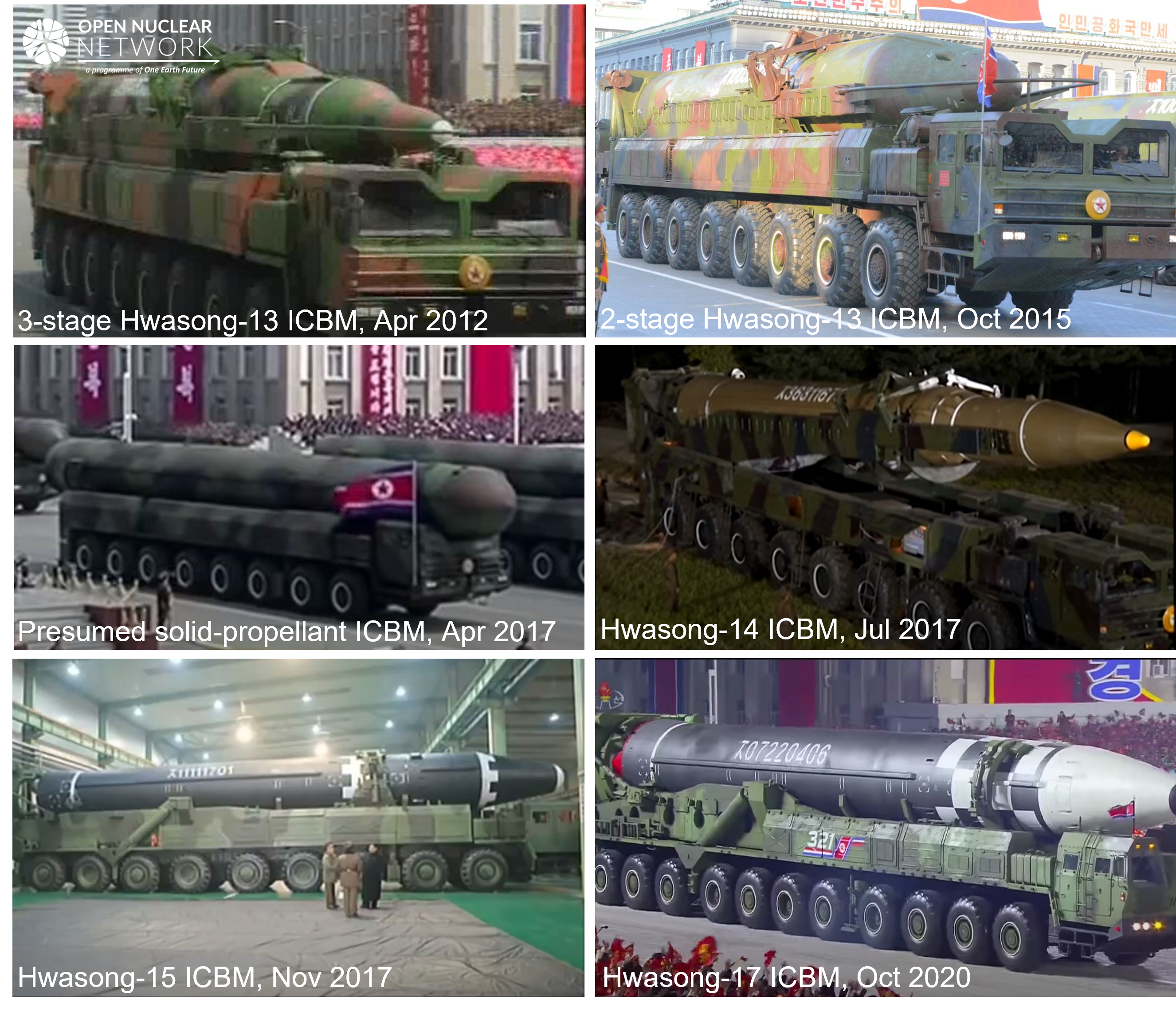 Figure 2. ICBM and ICBM mockups paired with TELs that are presumably based on the WS51200 heavy duty trucks, before the 8 February 2023 parade. There are no confirmed test flights of the Hwasong-13 and the presumed solid-propellant ICBM appeared in the April 2017 parade. 