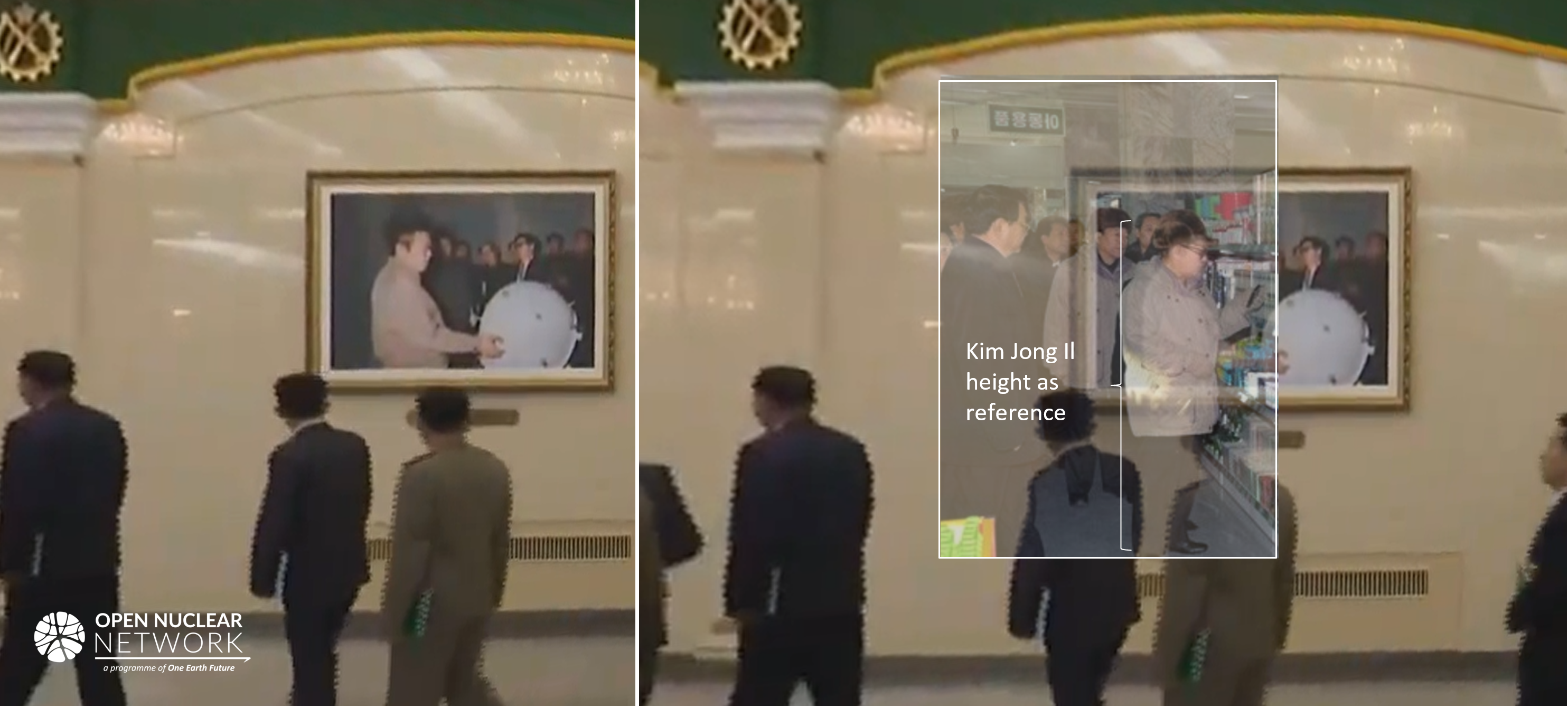 Figure 3. Left: Kim Jong Il inspecting a spherical object processed with Photoshop’s perspective warp in order to show a better view. Right: Another photo of Kim Jong Il, full-body height, overlaid on the original photo as a rough reference, the spherical object has a diameter of roughly ~600 mm. Images: KCTV, Kim Jong Il Looking at things