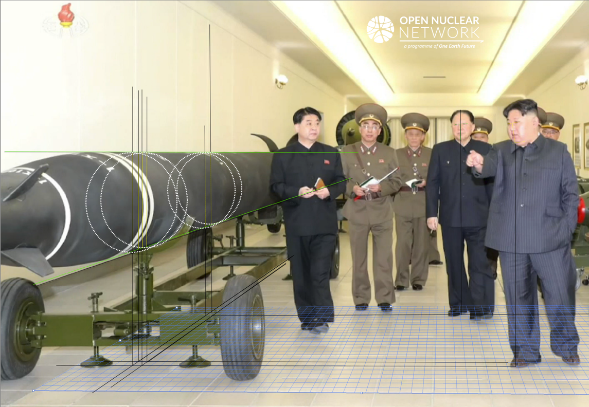 Figure 4. Using the 600 mm multiple rocket launcher round as reference, the face length of both Kim Jong Un and Hong Sung Mu have been measured for later use. Image: KCTV