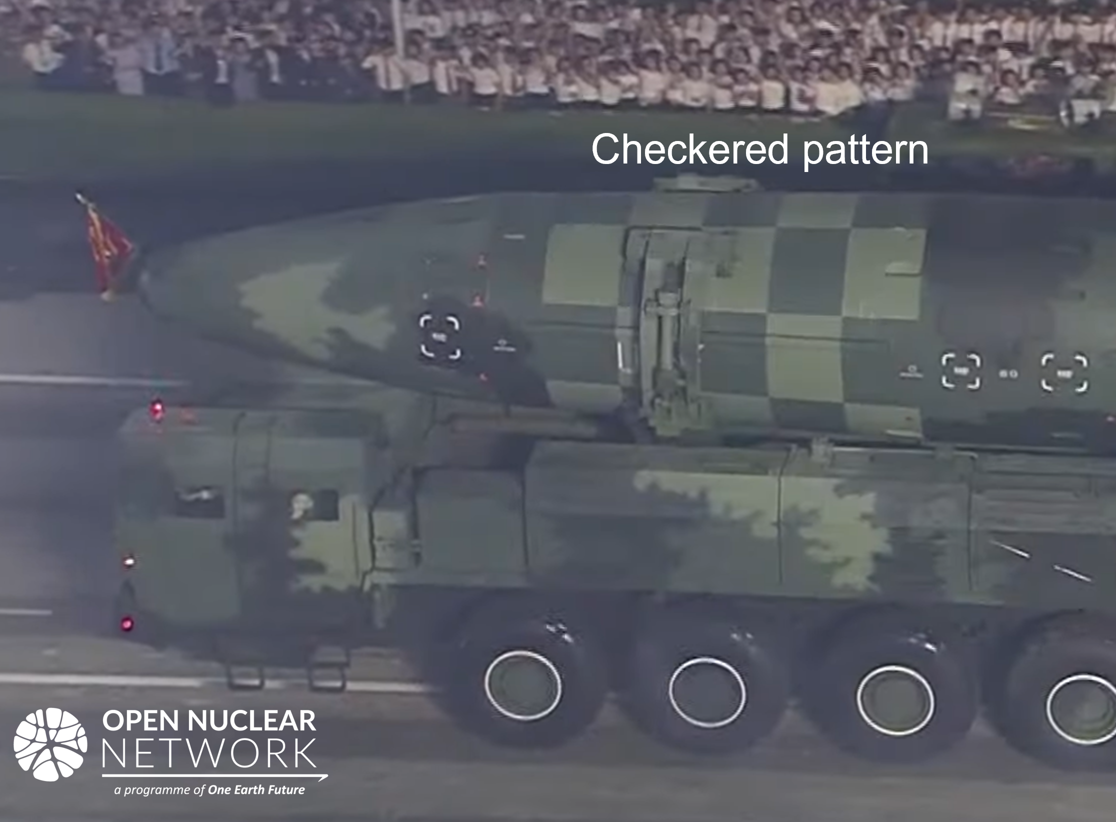 Figure 5. The Hwasong-17’s checkered pattern is visible despite the new camouflage overpaint. Images: KCTV/Yonhap