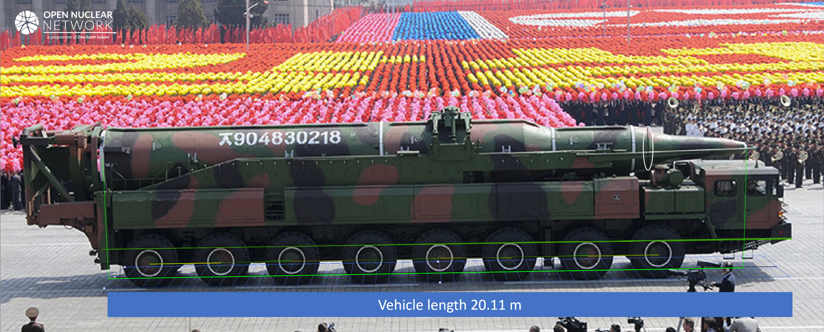 Figure 7. Using stated length of WS51200 truck as reference, approximate length of the missile and base diameter of its re-entry vehicle could be measured. Image: KCNA/US Navy Institute
