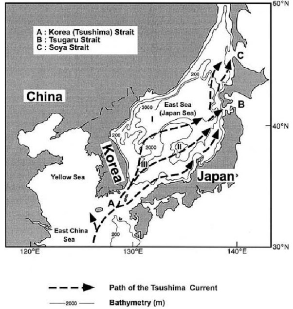 Passages from the Korean East Sea to the Pacific are marked by A B and C