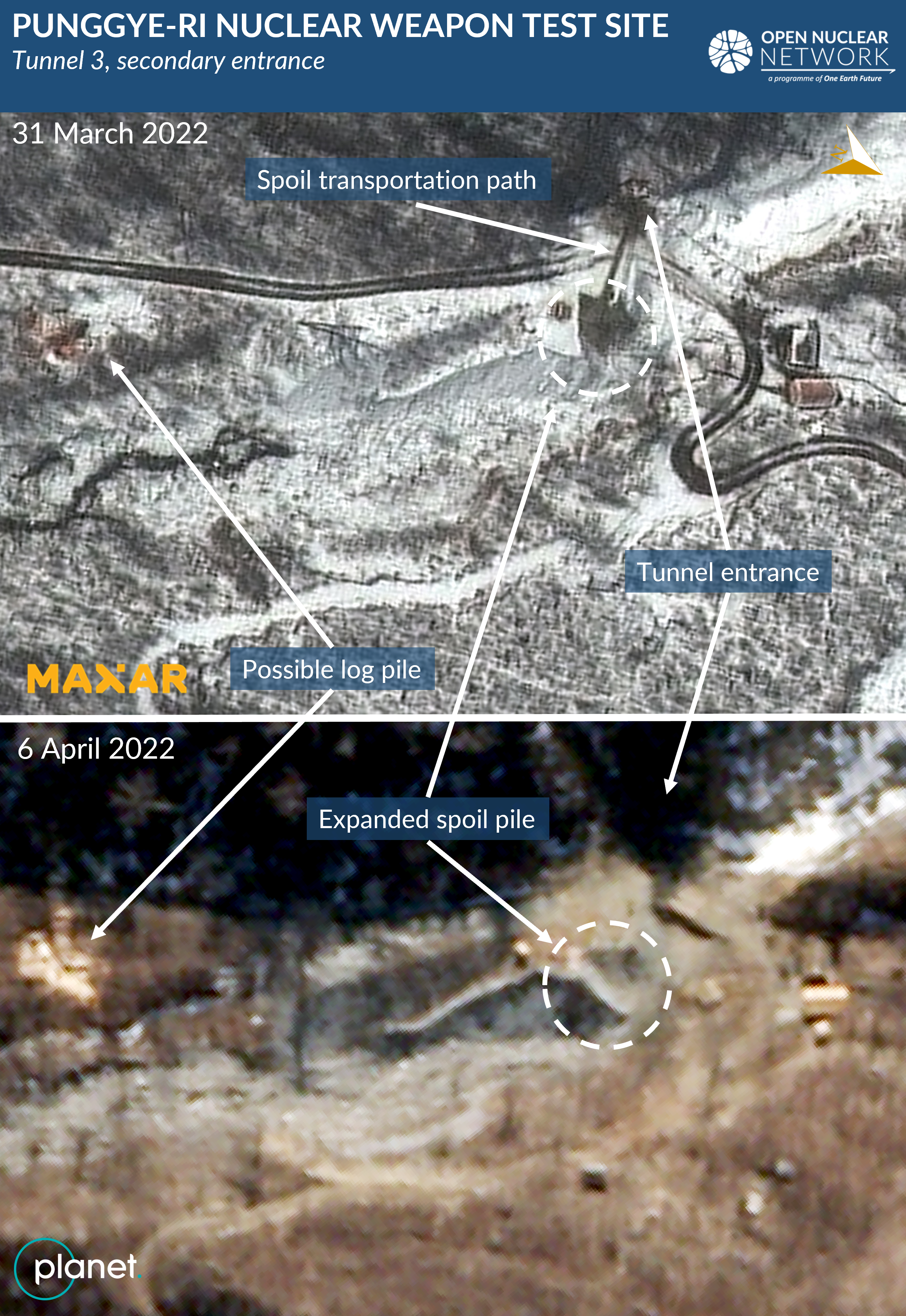 Comparison of the satellite images from 31 March and 6 April 2022 showing the spoil pile near the secondary entrance to Tunnel 3