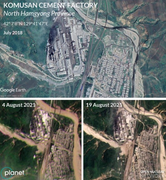 Satellite imagery showing flooded railways near the Komusan Cement Factory