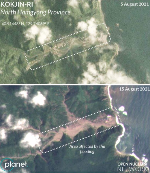 Satellite images from 5 August and 15 August showing flooding of Kokjin-ri on the east coast of Hwadae County