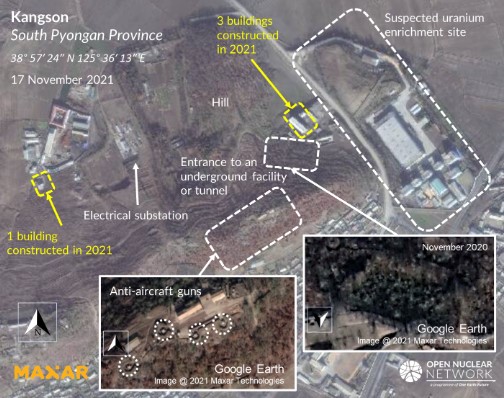 The four new buildings near the suspected uranium enrichment site are indicated in yellow