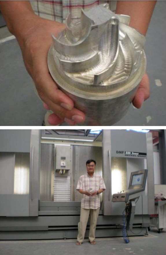 Top A turbopump impeller made by Sai Thein Win-Bottom Sai Thein Win holds the impeller