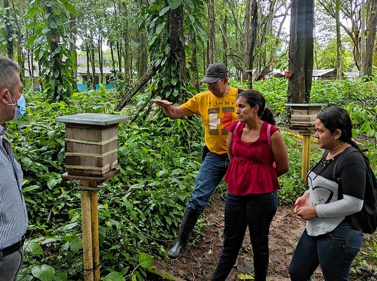 Students in front of a bee hive