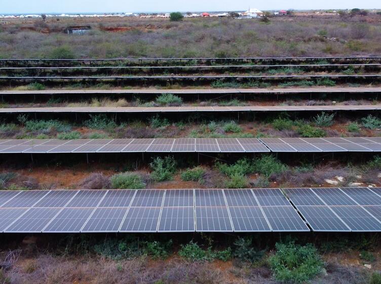 Close up shot of Baidoa Electric Company's solar panels on their company property in Mogadishu
