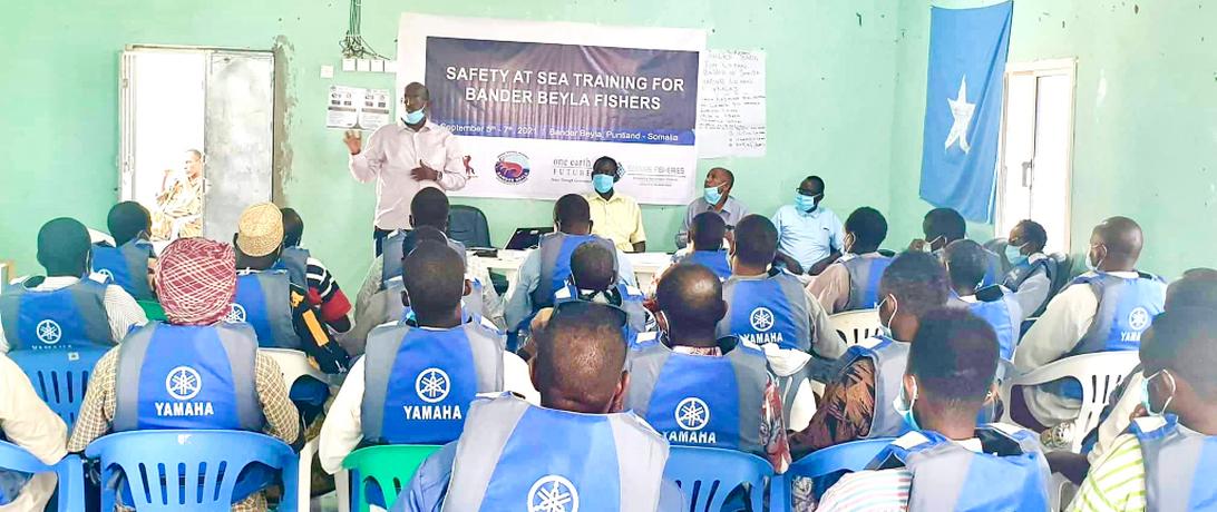 Fishers learn safety at sea skills for emergency situations. Puntland. Bander Beyla. Somalia. 