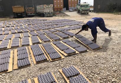 AADCO employee laying freshly made egg crates outside to dry in the sun